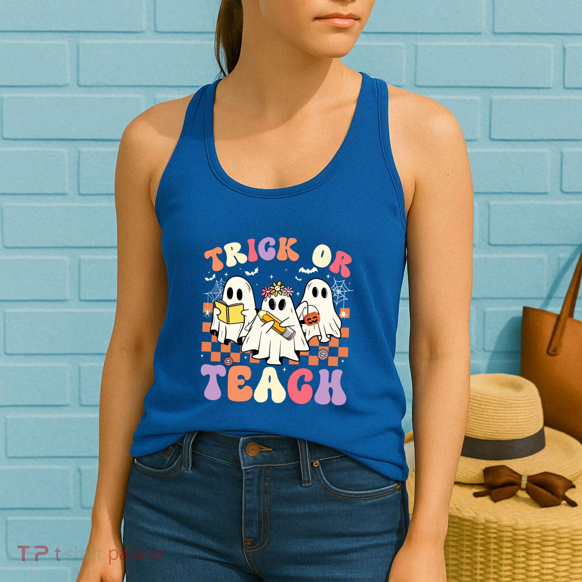 Teacher Halloween Ghost Trick Or Teach Retro Groovy Funny Gift Women's Tank Top