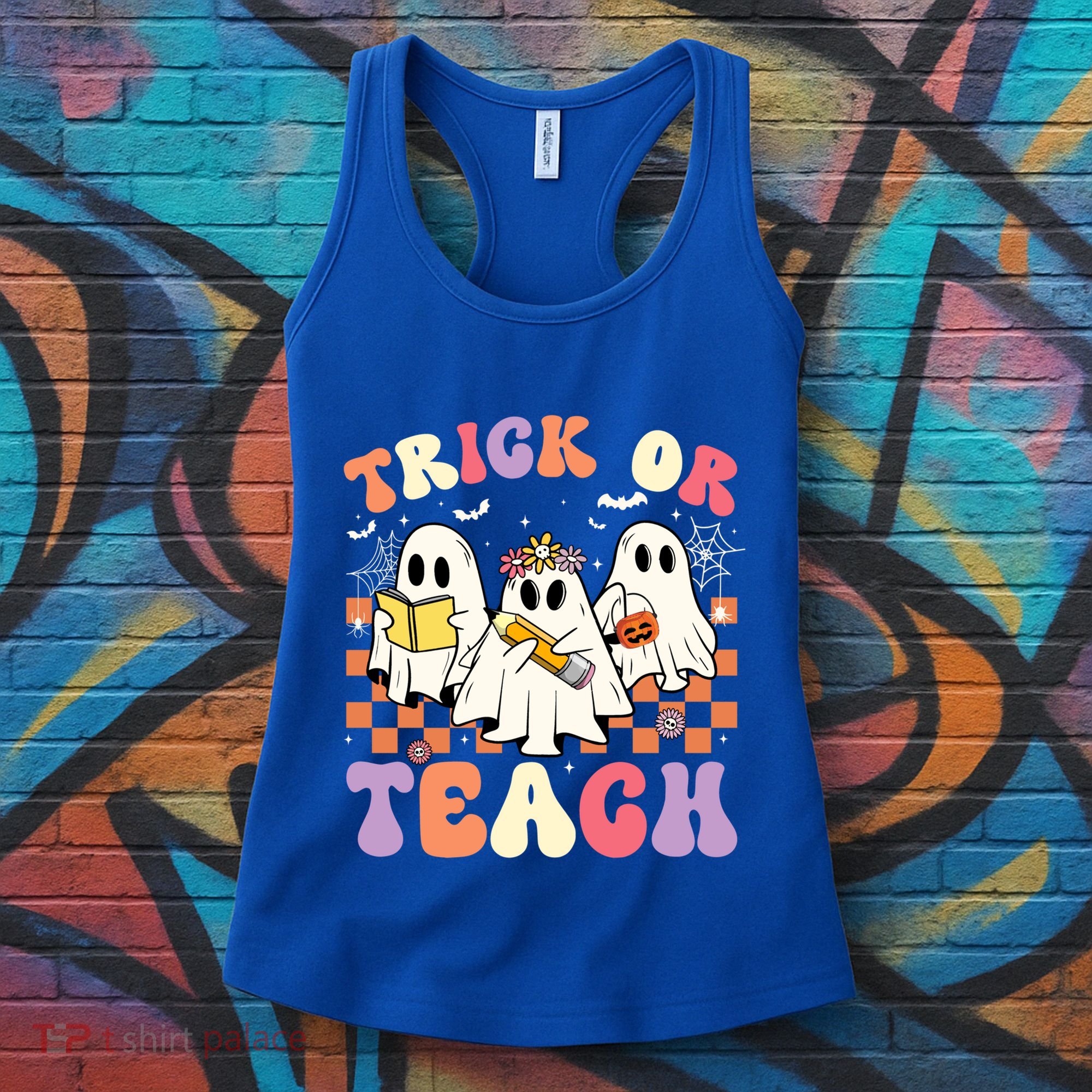 Teacher Halloween Ghost Trick Or Teach Retro Groovy Funny Gift Women's Tank Top