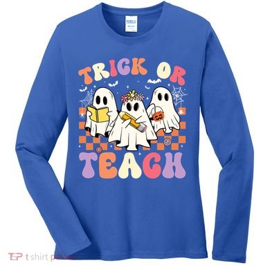 Teacher Halloween Ghost Trick Or Teach Retro Groovy Funny Gift Women's Long Sleeve Shirt