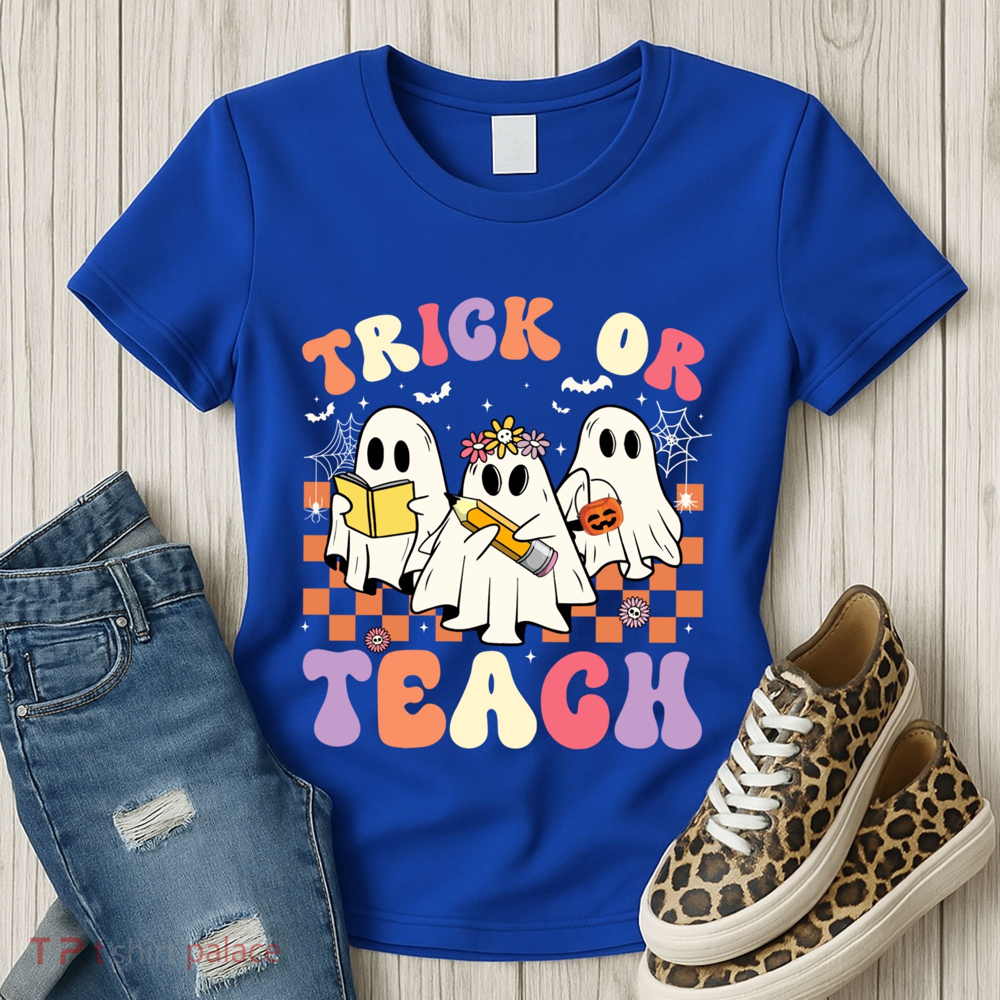 Teacher Halloween Ghost Trick Or Teach Retro Groovy Funny Gift Women's T-Shirt