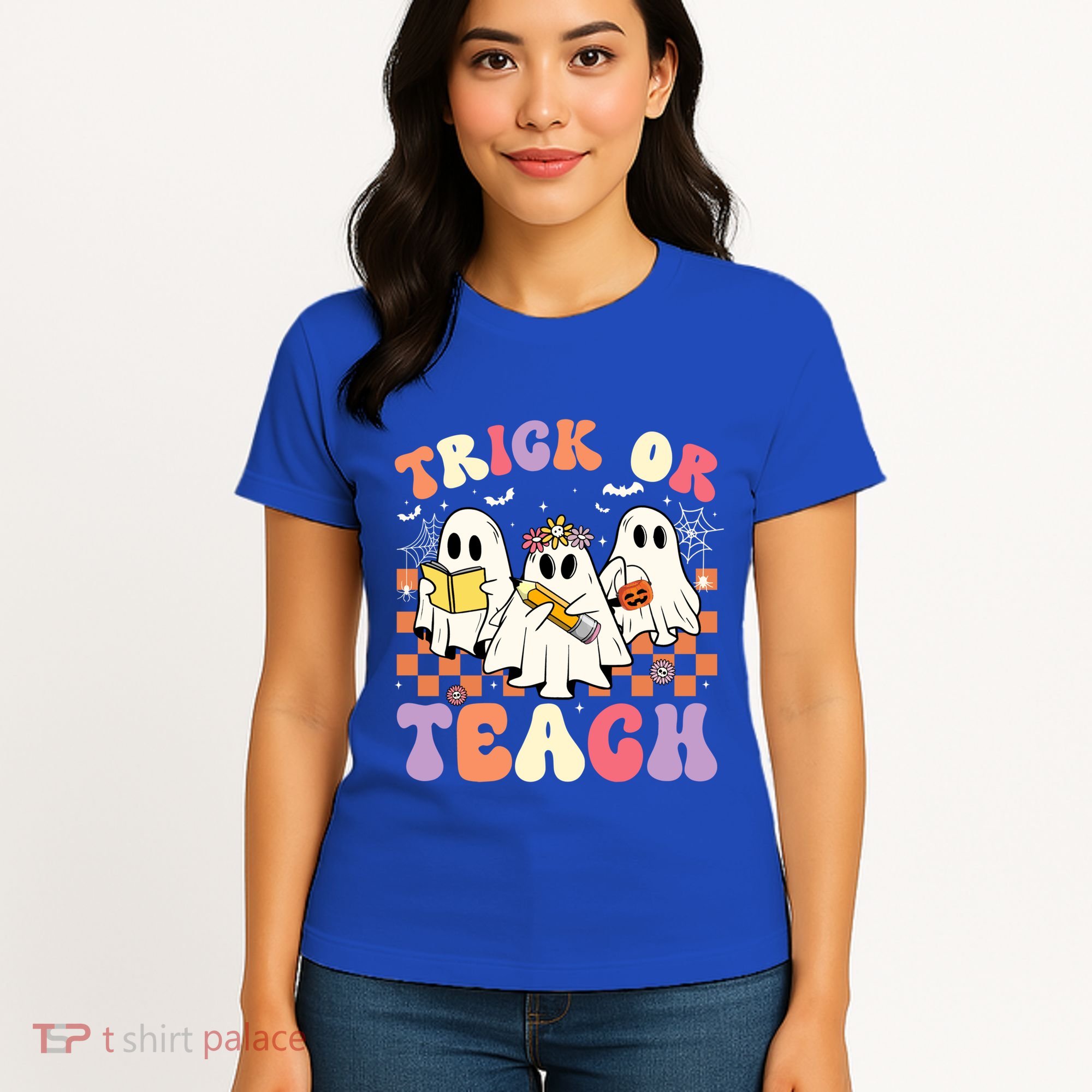 Teacher Halloween Ghost Trick Or Teach Retro Groovy Funny Gift Women's T-Shirt