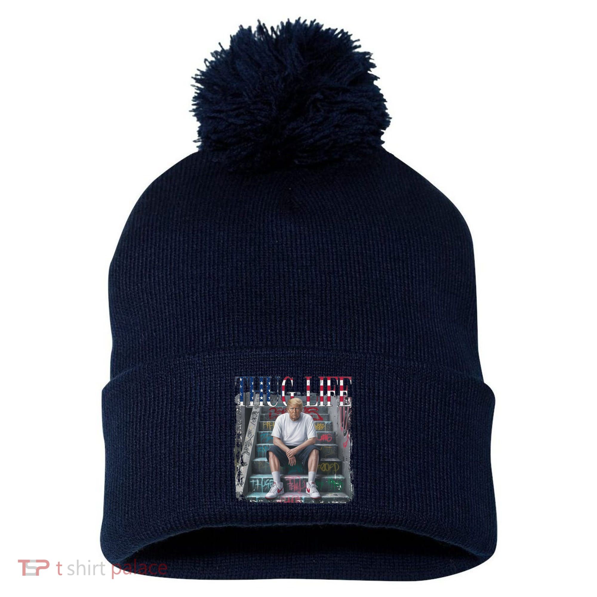 Trump Hip Hop Thug Life America Flag Vote Felon Conviction Pom Pom 12in Knit Beanie