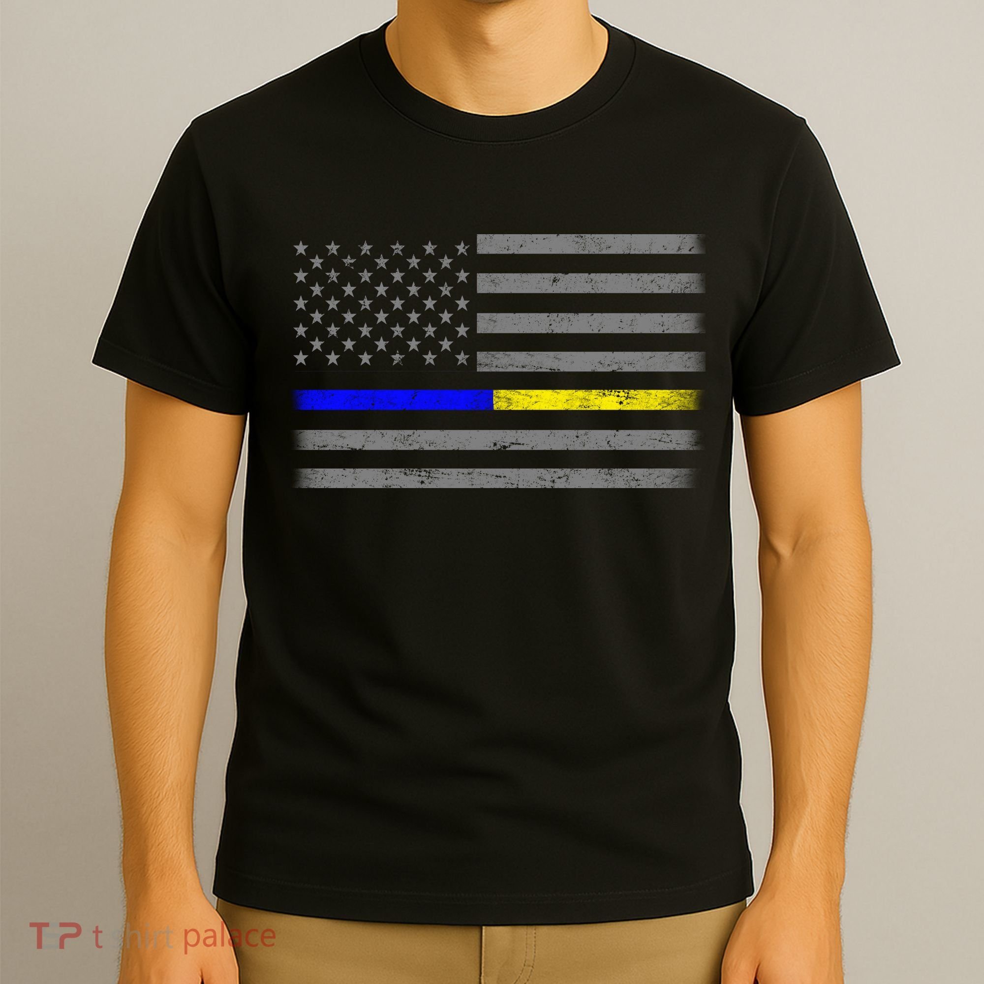 Thin Blue Gold Line Police Dispatcher Flag T-Shirt