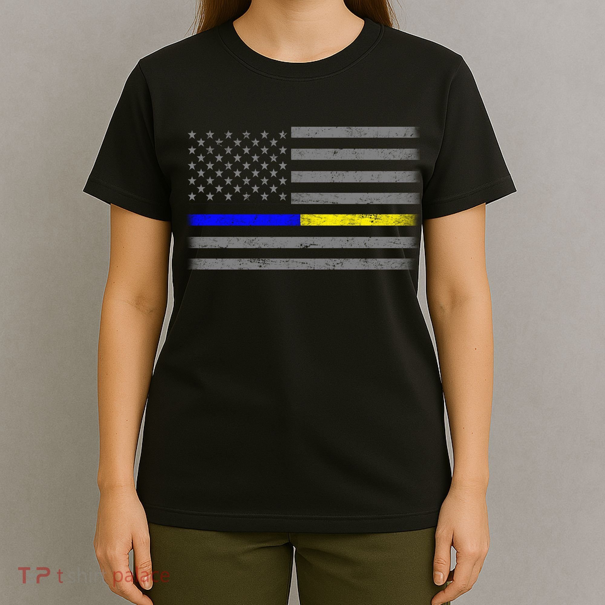 Thin Blue Gold Line Police Dispatcher Flag T-Shirt