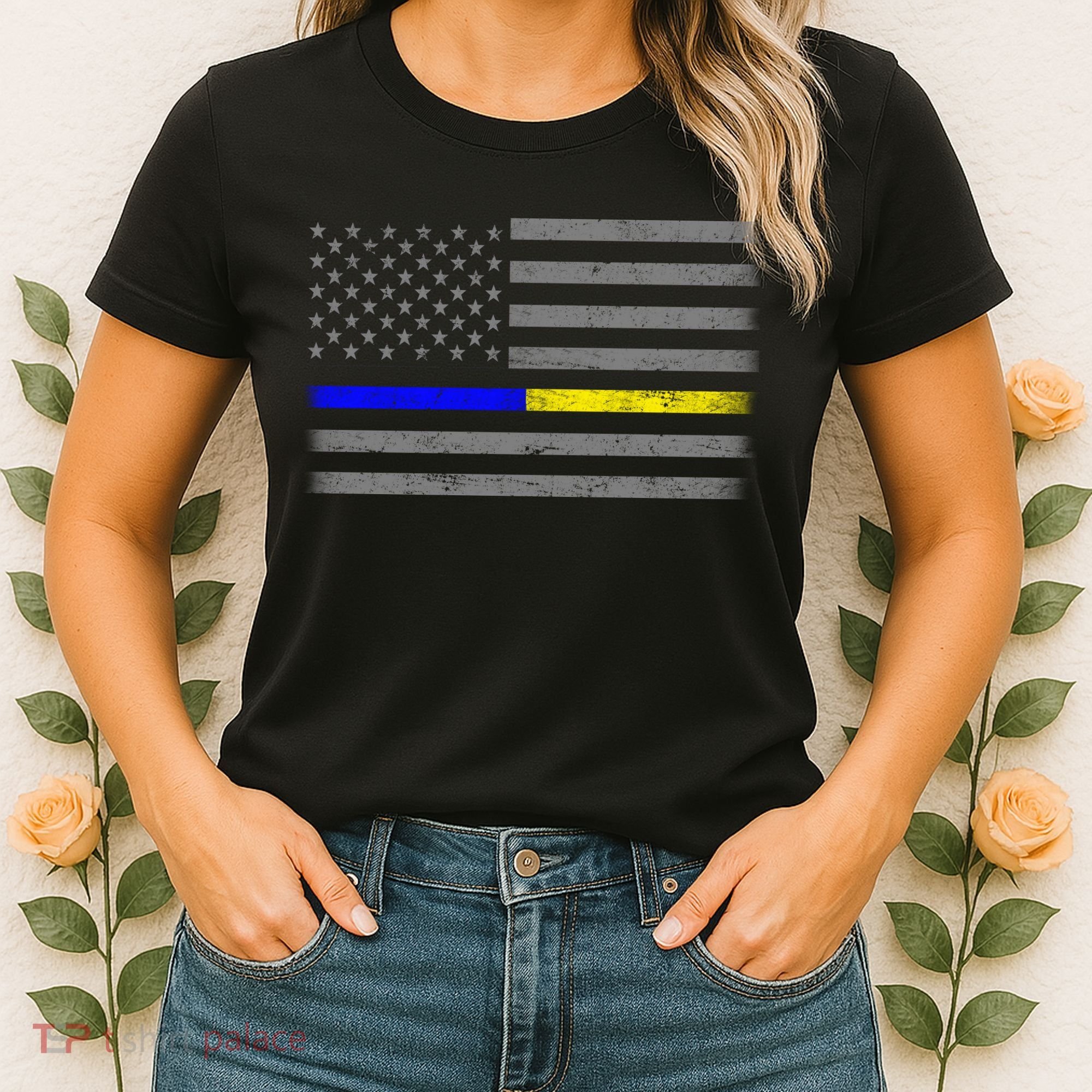 Thin Blue Gold Line Police Dispatcher Flag Women's T-Shirt