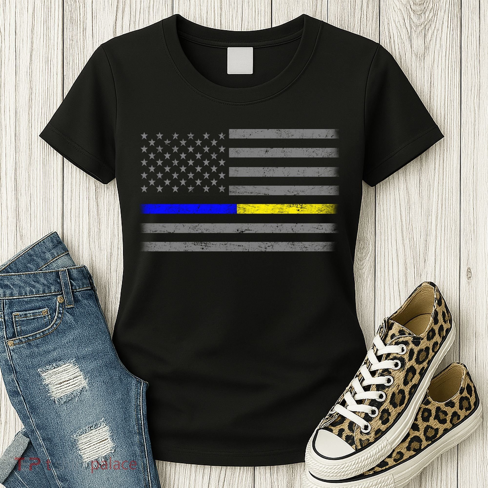 Thin Blue Gold Line Police Dispatcher Flag Women's T-Shirt