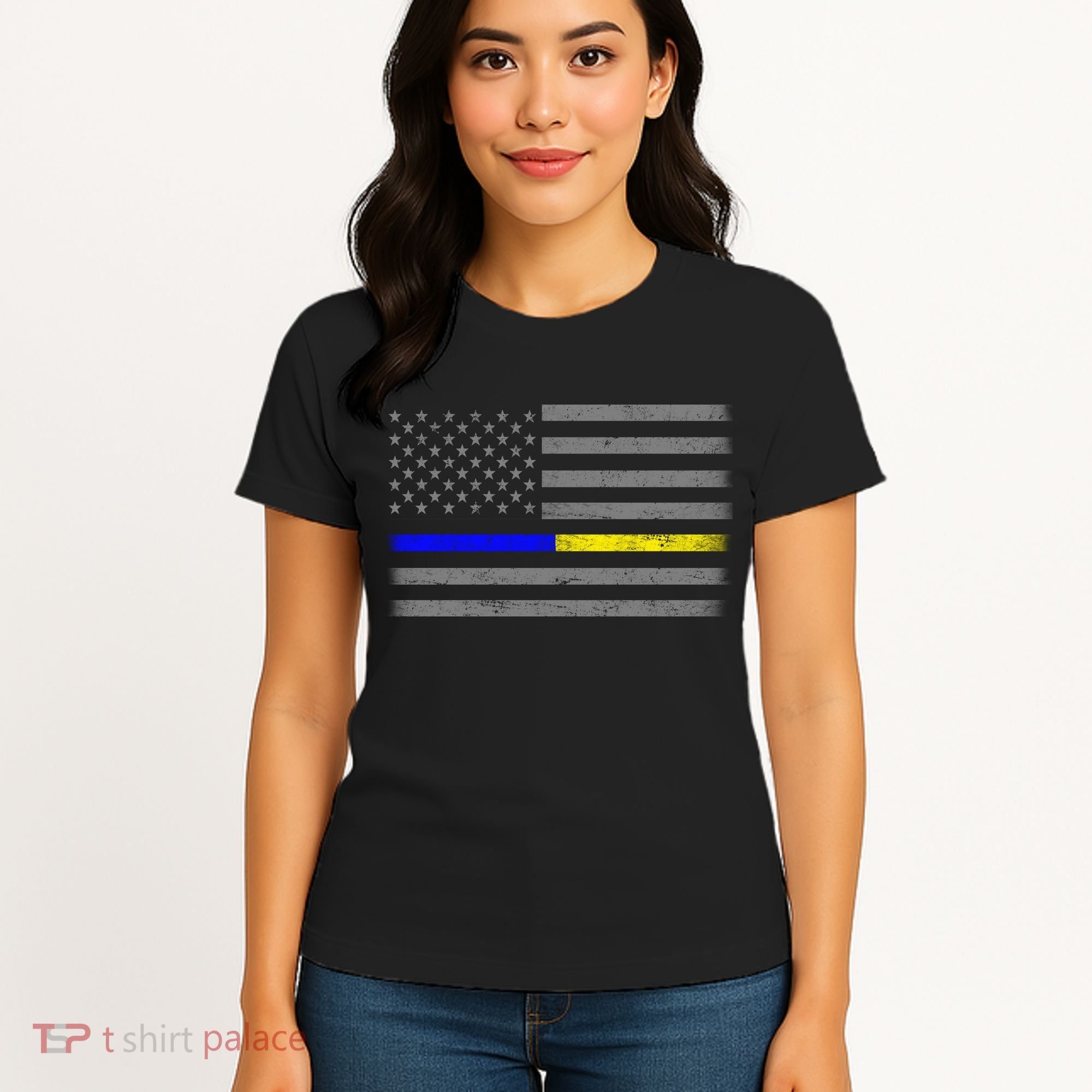 Thin Blue Gold Line Police Dispatcher Flag Women's T-Shirt