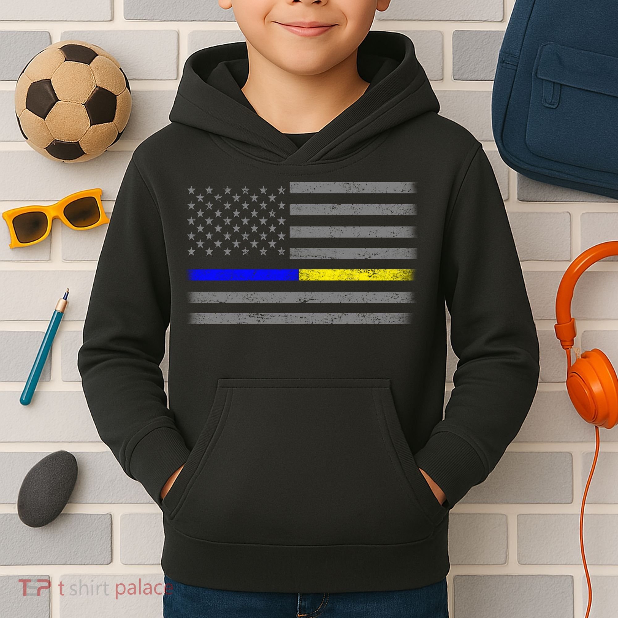 Thin Blue Gold Line Police Dispatcher Flag Kids Hoodie