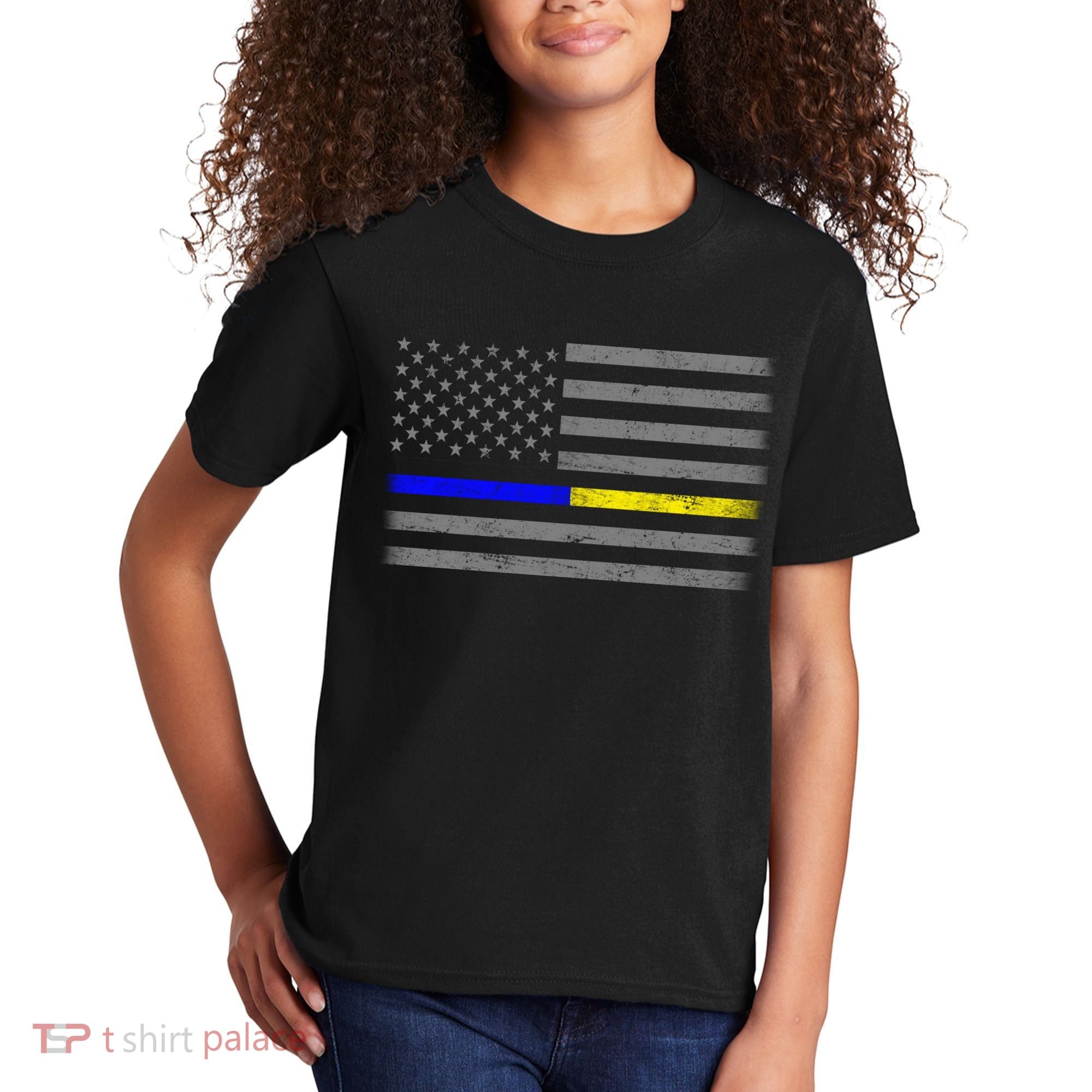 Thin Blue Gold Line Police Dispatcher Flag Kids T-Shirt