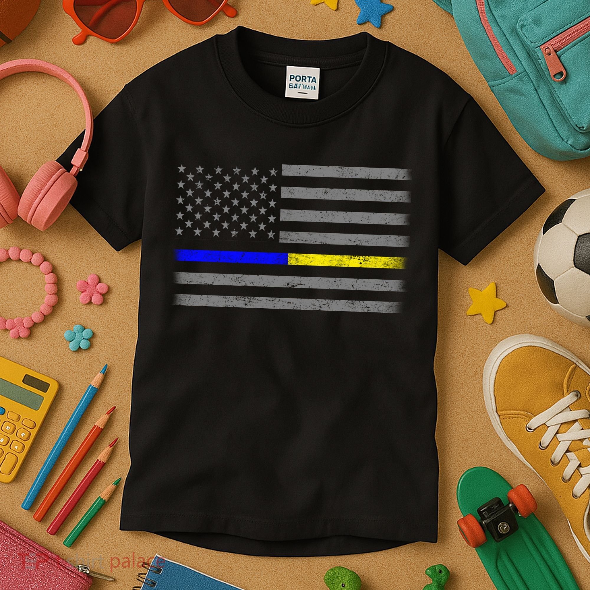 Thin Blue Gold Line Police Dispatcher Flag Kids T-Shirt