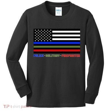 Thin Blue Green Red Lines Police Military Firefighter Kids Long Sleeve Shirt