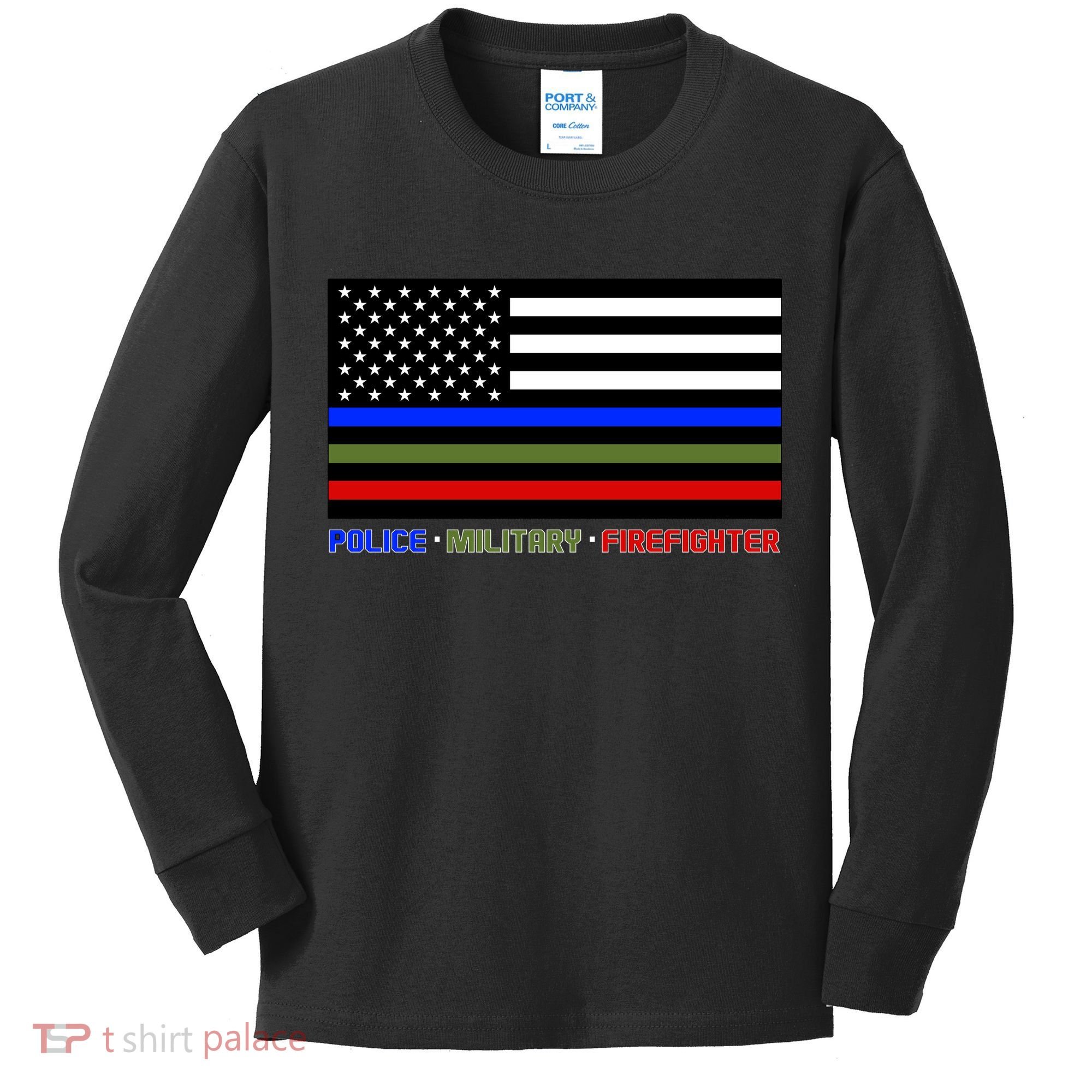 Thin Blue Green Red Lines Police Military Firefighter Kids Long Sleeve Shirt
