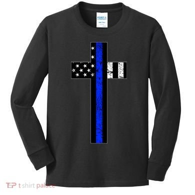 Thin Blue Line Cross Police Kids Long Sleeve Shirt