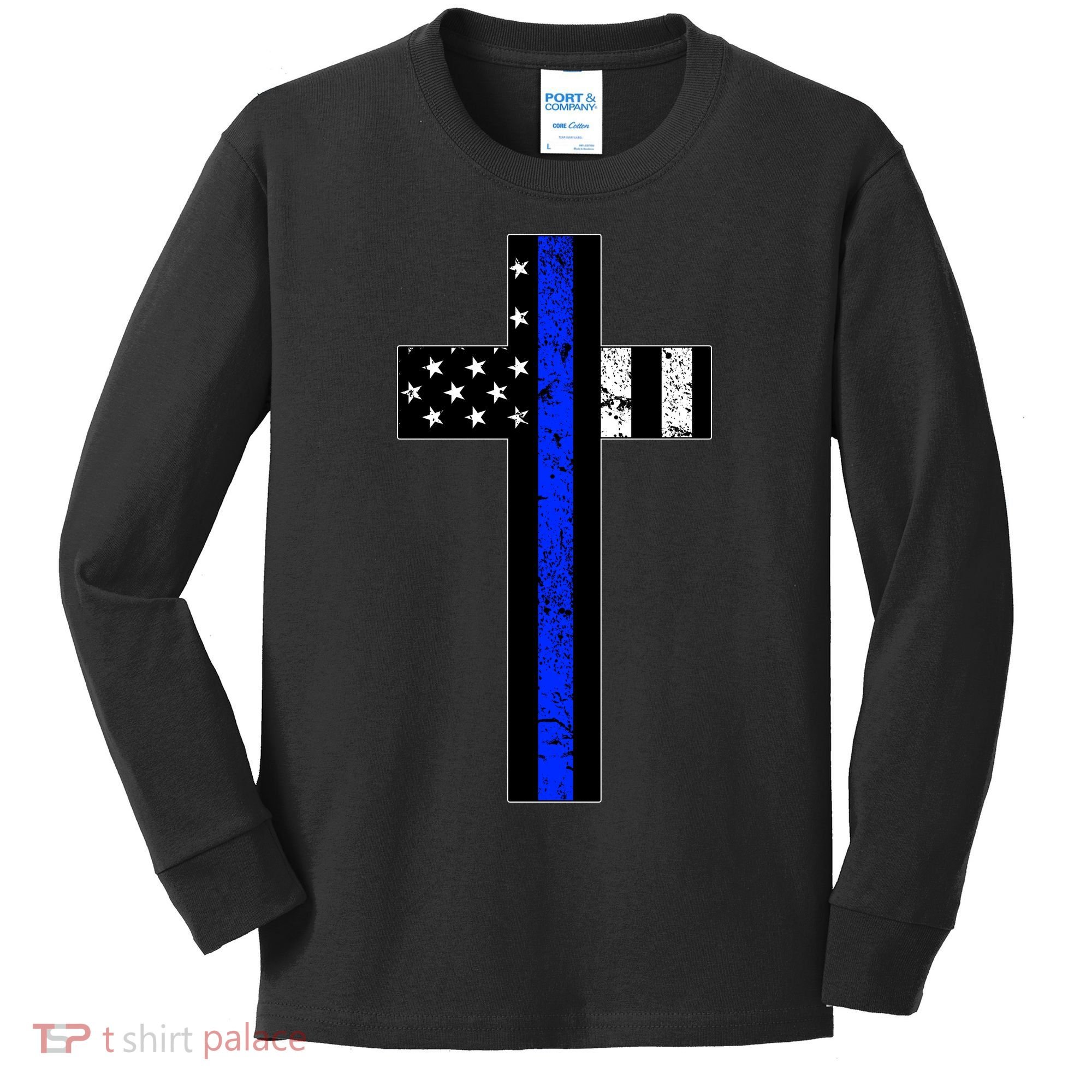 Thin Blue Line Cross Police Kids Long Sleeve Shirt