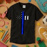Thin Blue Line Cross Police Kids T-Shirt thumb 3