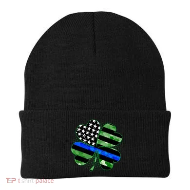 Thin Blue Line St Patrick's Day Irish Clover Beanie