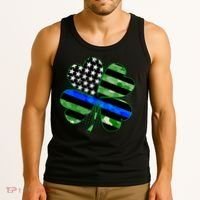 Thin Blue Line St Patrick's Day Irish Clover Tank Top thumb 3