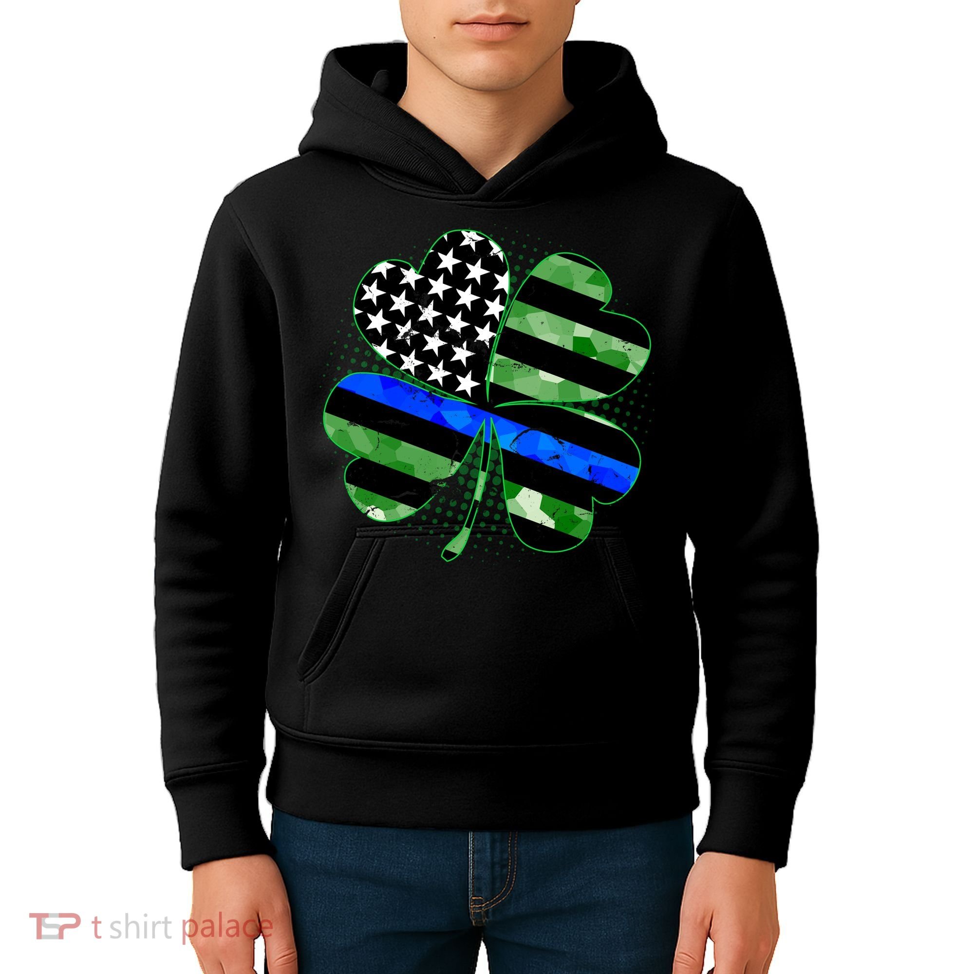 Thin Blue Line St Patrick's Day Irish Clover Kids Hoodie