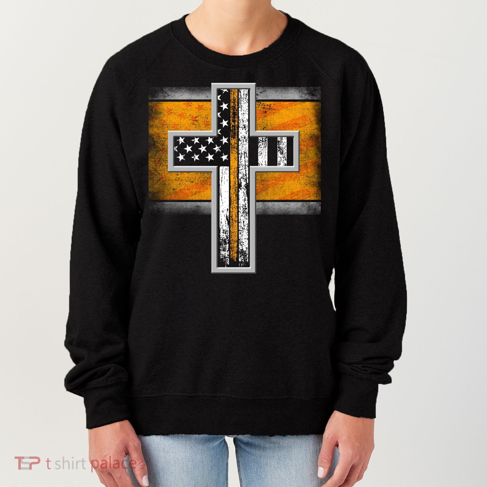 Thin Gold Line Cross Flag Support Front line Workers Women's Sweatshirt