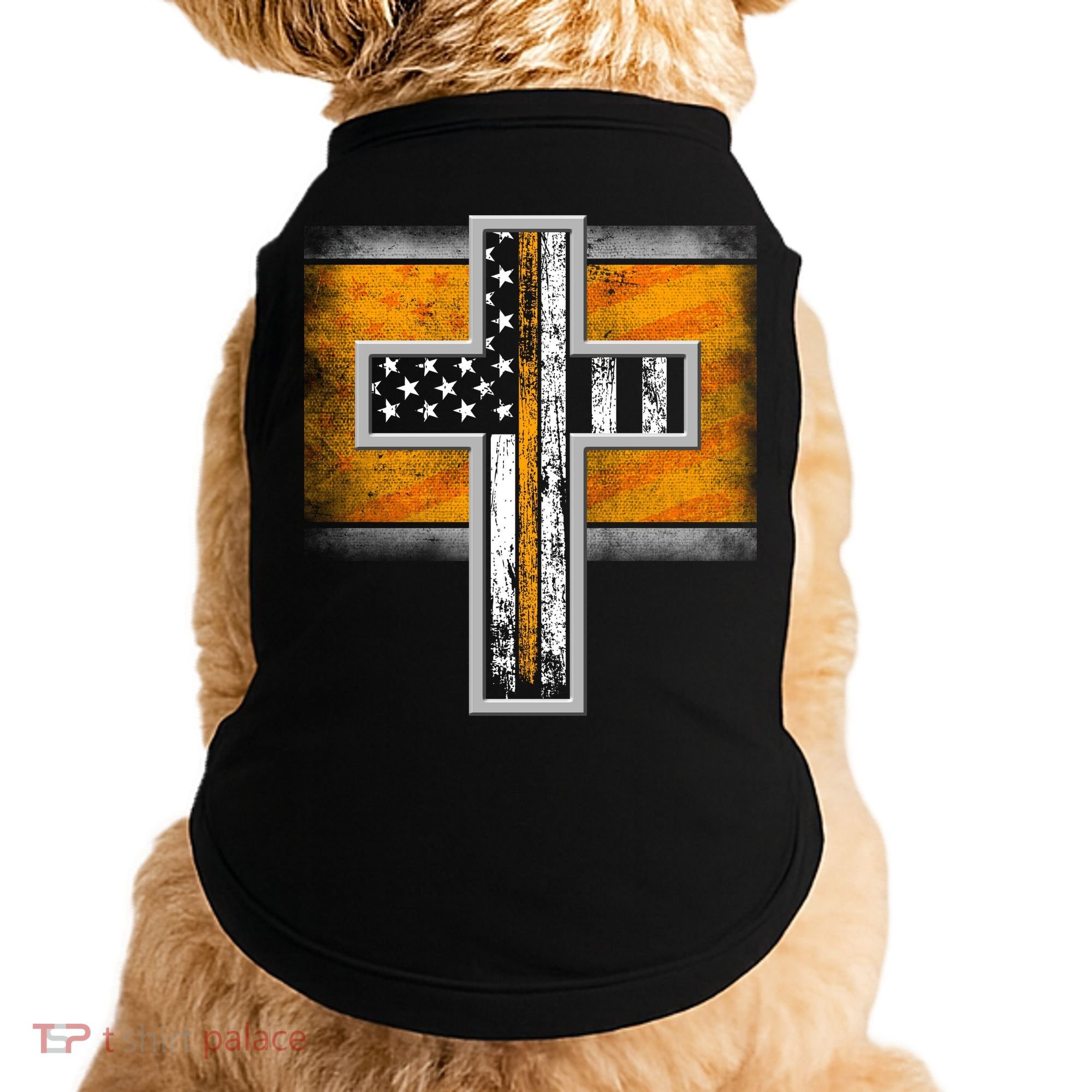 Thin Gold Line Cross Flag Support Front line Workers Doggie Tank