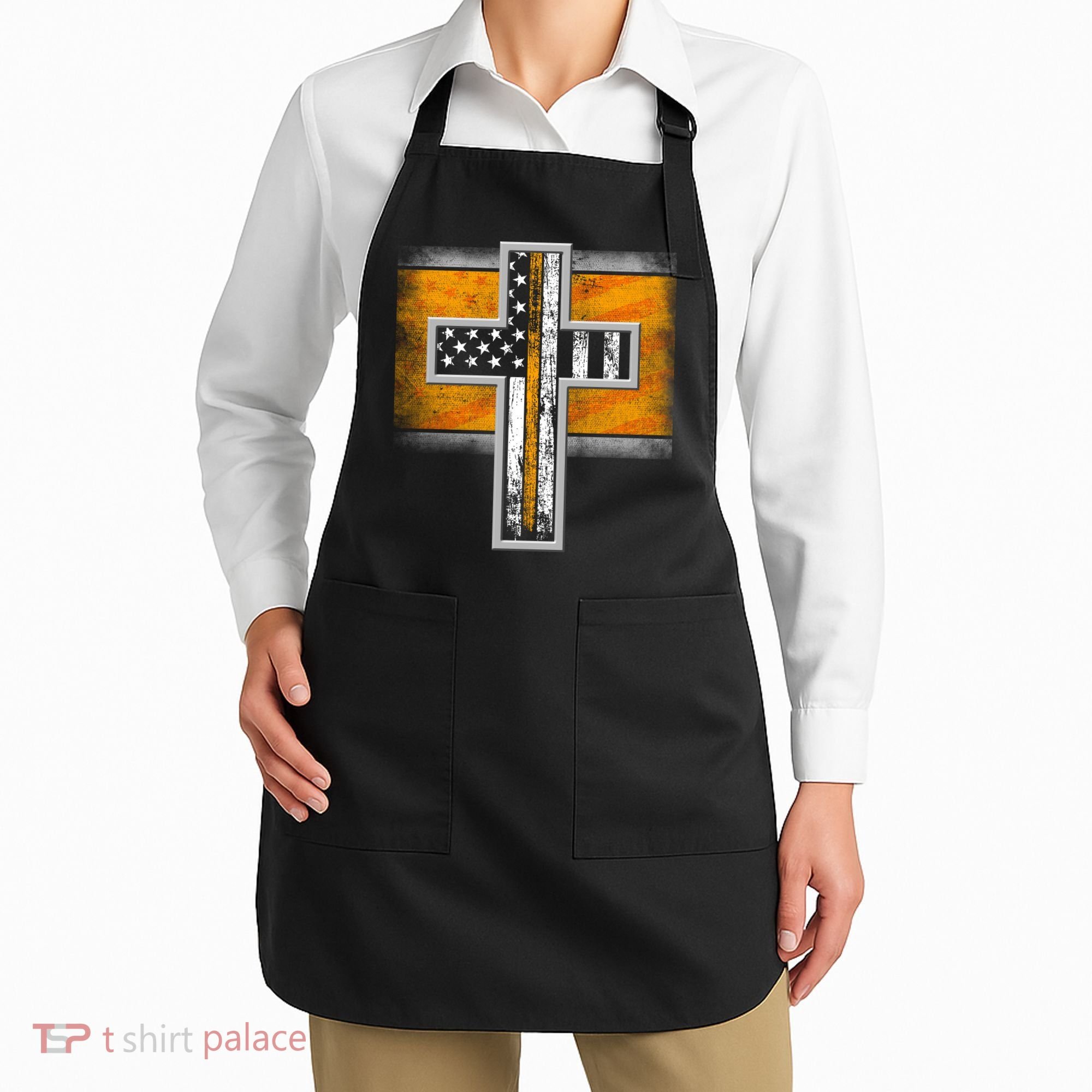 Thin Gold Line Cross Flag Support Front line Workers Apron