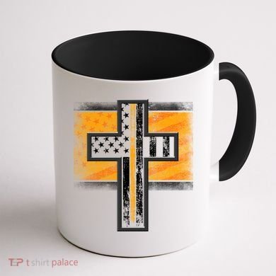 Thin Gold Line Cross Flag Support Front line Workers Coffee Mug back
