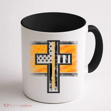 Thin Gold Line Cross Flag Support Front line Workers Coffee Mug back
