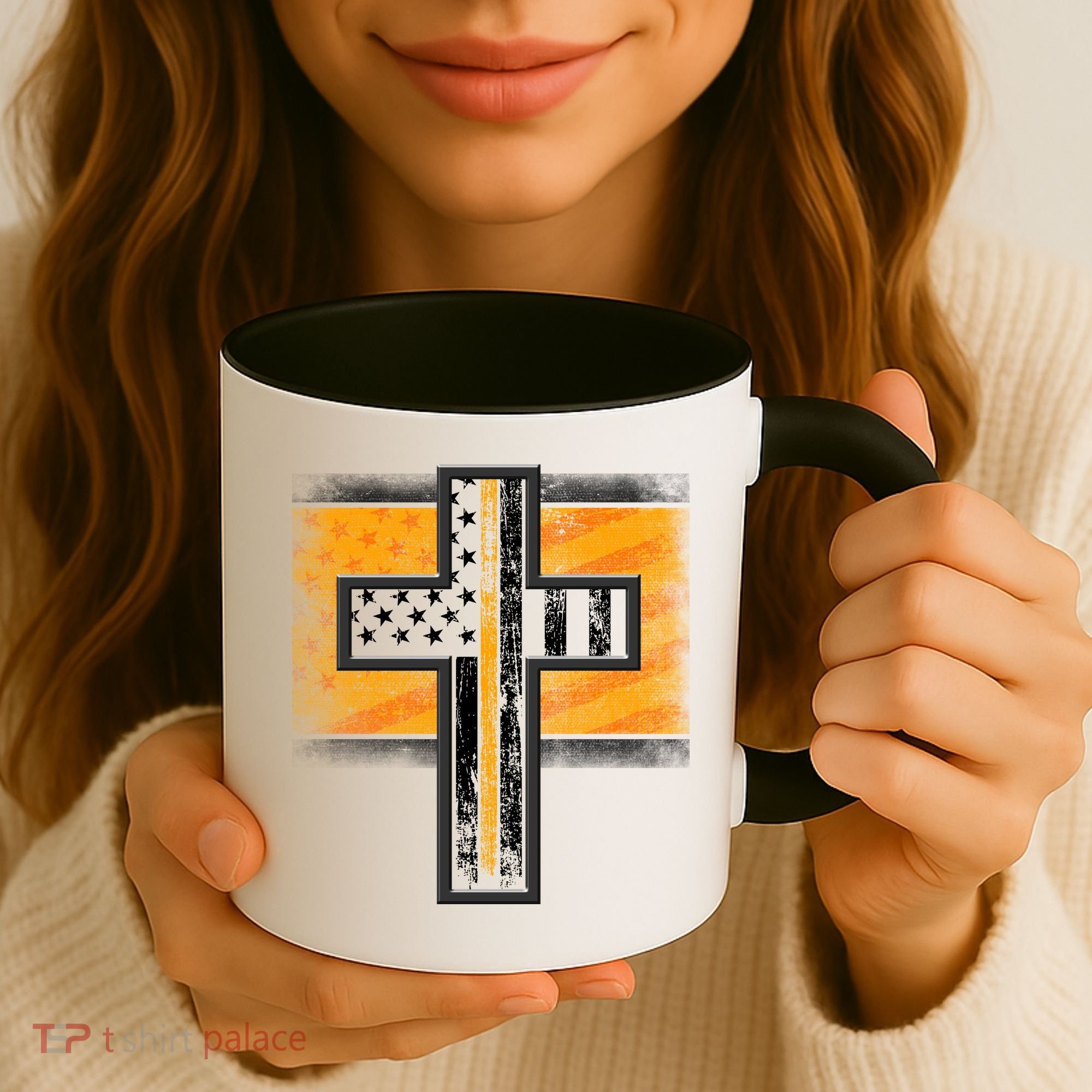 Thin Gold Line Cross Flag Support Front line Workers Coffee Mug