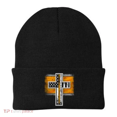 Thin Gold Line Cross Flag Support Front line Workers Beanie
