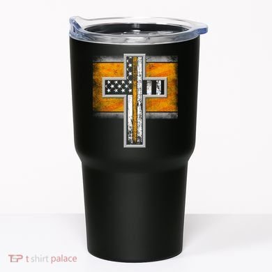 Thin Gold Line Cross Flag Support Front line Workers Tumbler