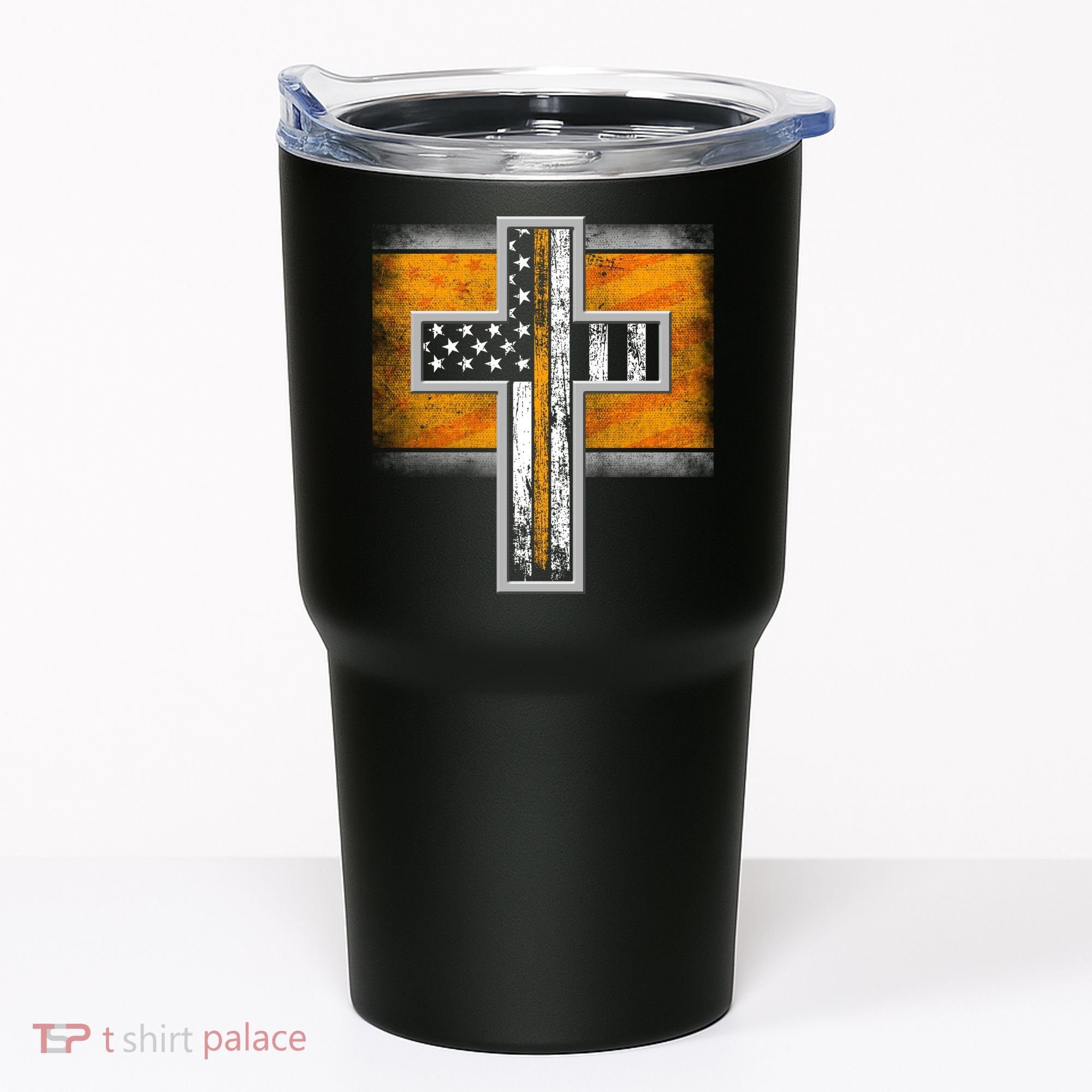 Thin Gold Line Cross Flag Support Front line Workers Tumbler