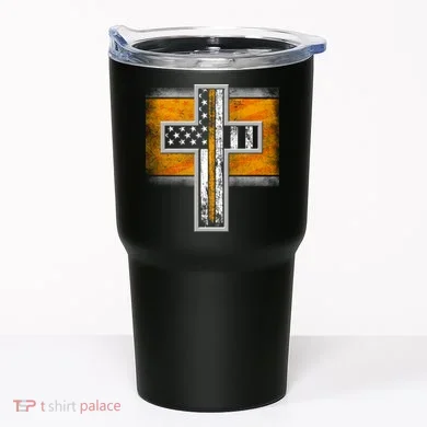 Thin Gold Line Cross Flag Support Front line Workers Tumbler