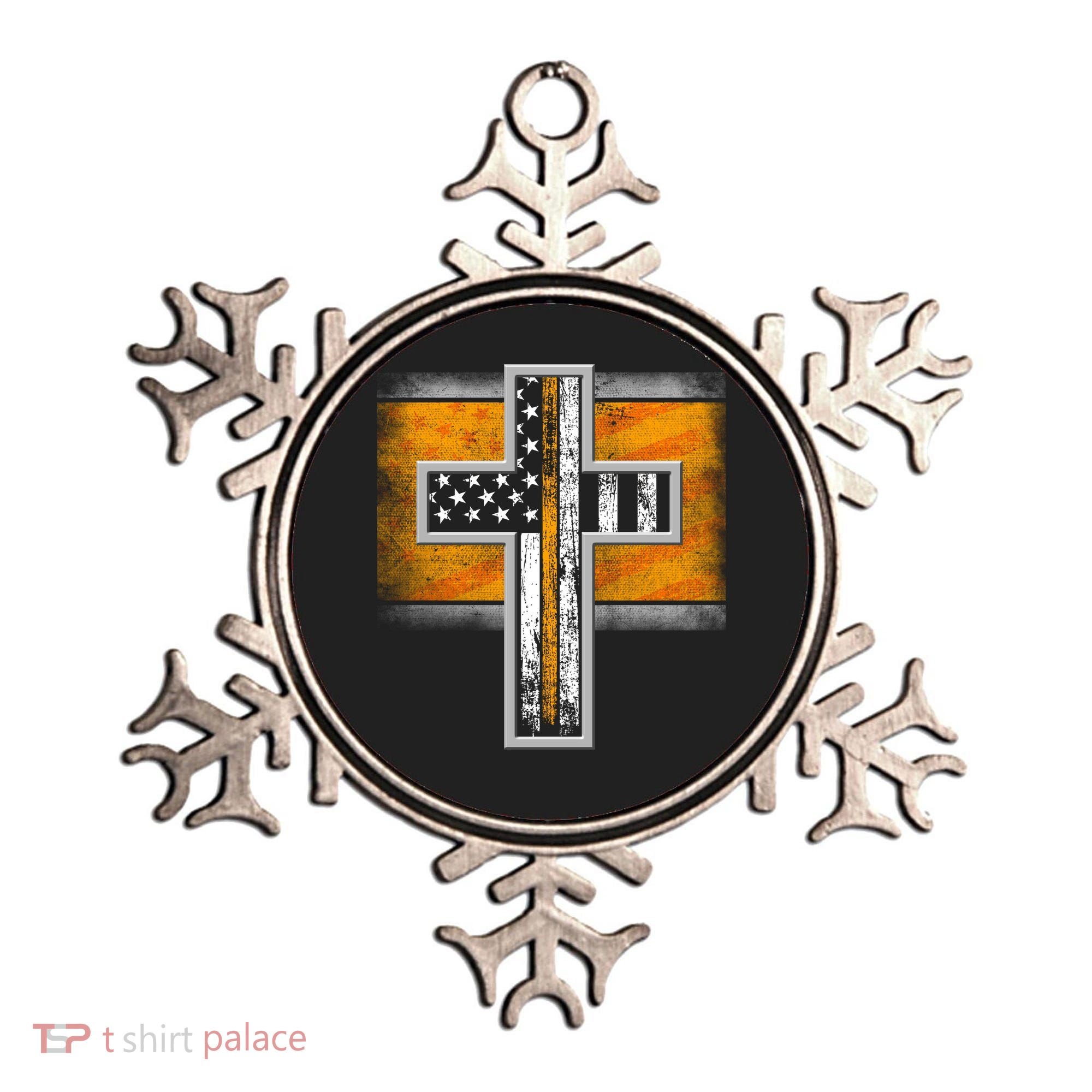 Thin Gold Line Cross Flag Support Front line Workers Ornament