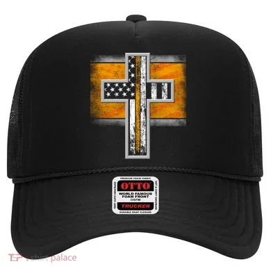 Thin Gold Line Cross Flag Support Front line Workers Hat