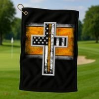 Thin Gold Line Cross Flag Support Front line Workers Golf Towel thumb 1