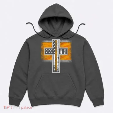 Thin Gold Line Cross Flag Support Front line Workers Hoodie