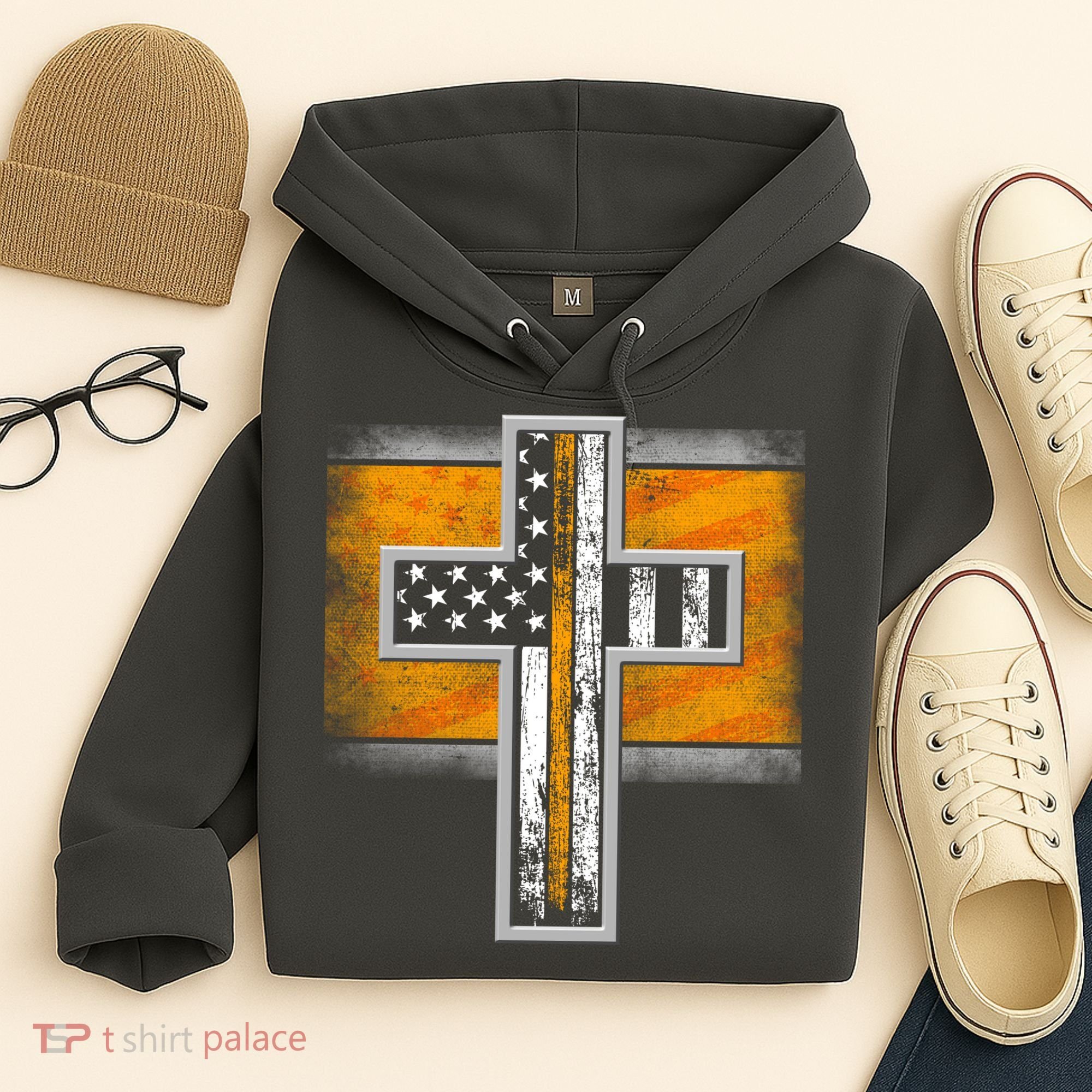 Thin Gold Line Cross Flag Support Front line Workers Hoodie