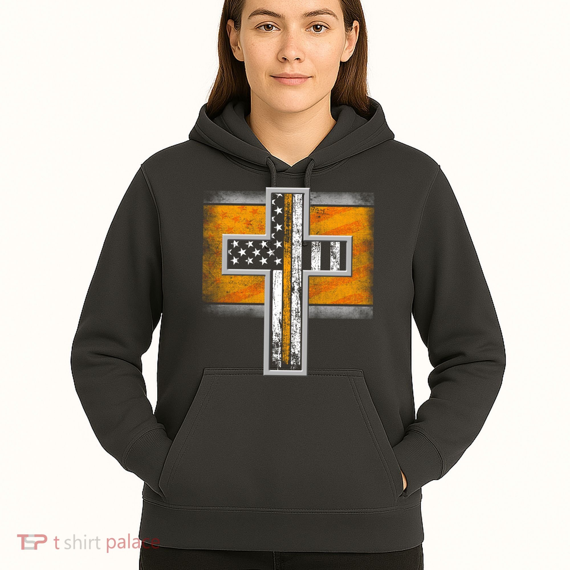Thin Gold Line Cross Flag Support Front line Workers Hoodie