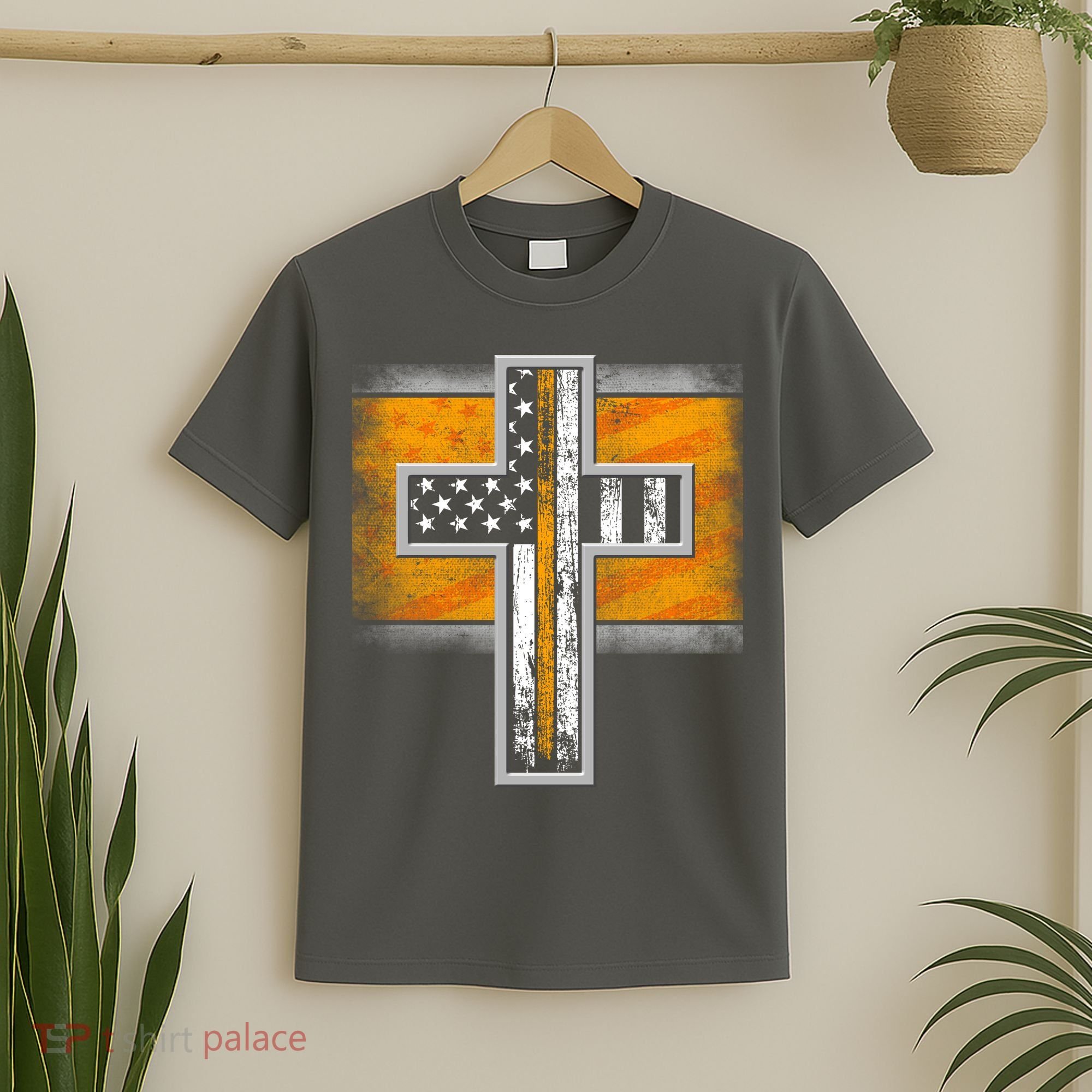Thin Gold Line Cross Flag Support Front line Workers T-Shirt
