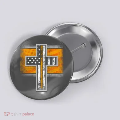 Thin Gold Line Cross Flag Support Front line Workers Button