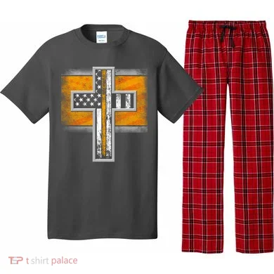 Thin Gold Line Cross Flag Support Front line Workers Pajama Set