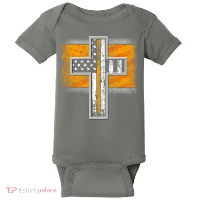 Thin Gold Line Cross Flag Support Front line Workers Baby Bodysuit