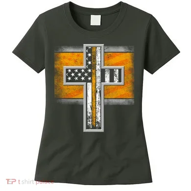Thin Gold Line Cross Flag Support Front line Workers Women's T-Shirt