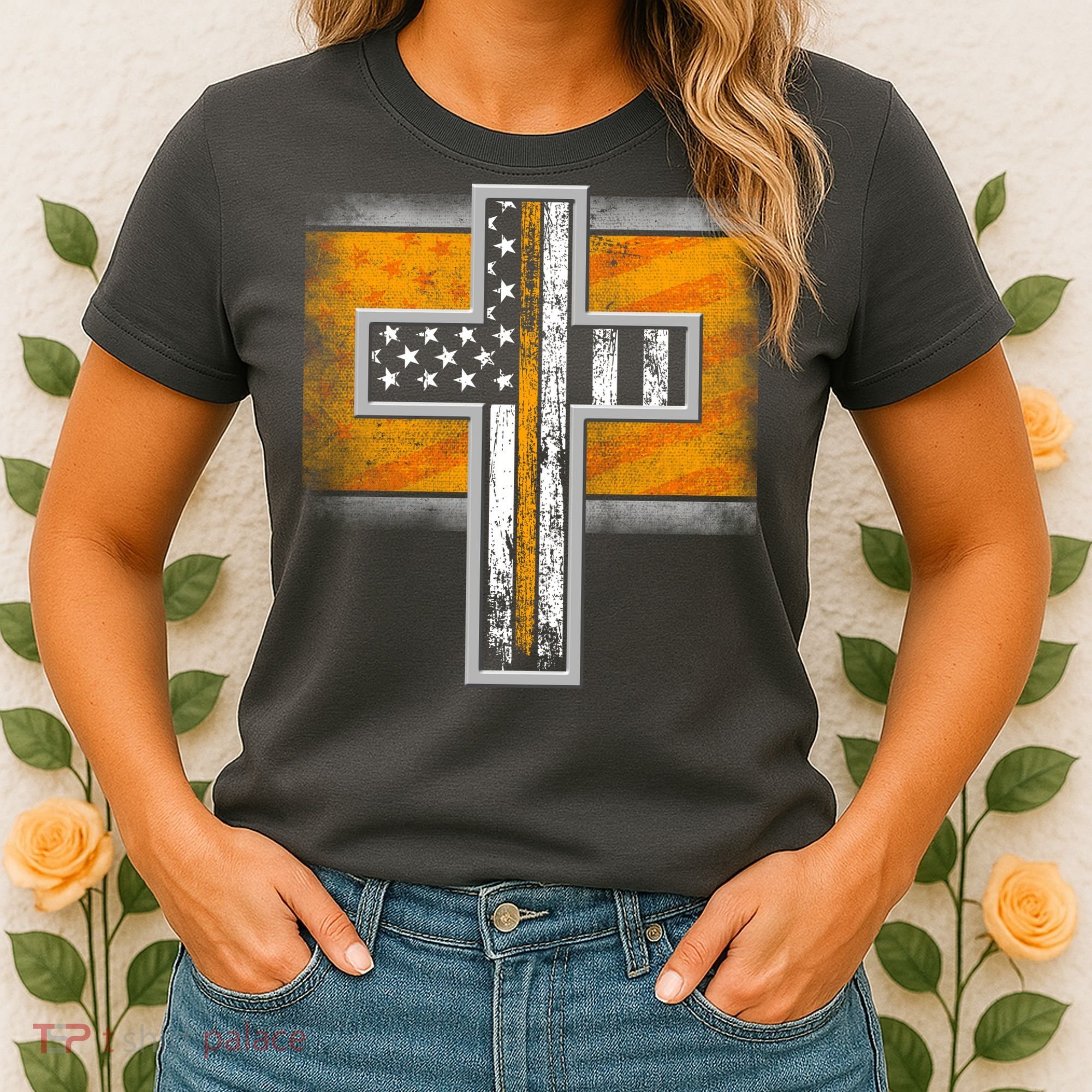 Thin Gold Line Cross Flag Support Front line Workers Women's T-Shirt