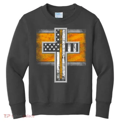 Thin Gold Line Cross Flag Support Front line Workers Kids Sweatshirt