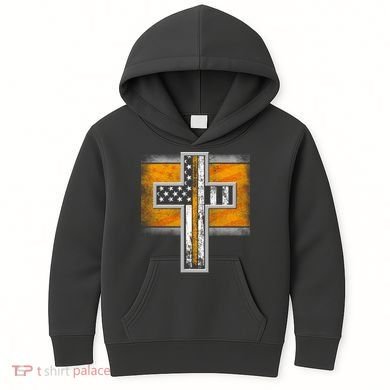 Thin Gold Line Cross Flag Support Front line Workers Kids Hoodie