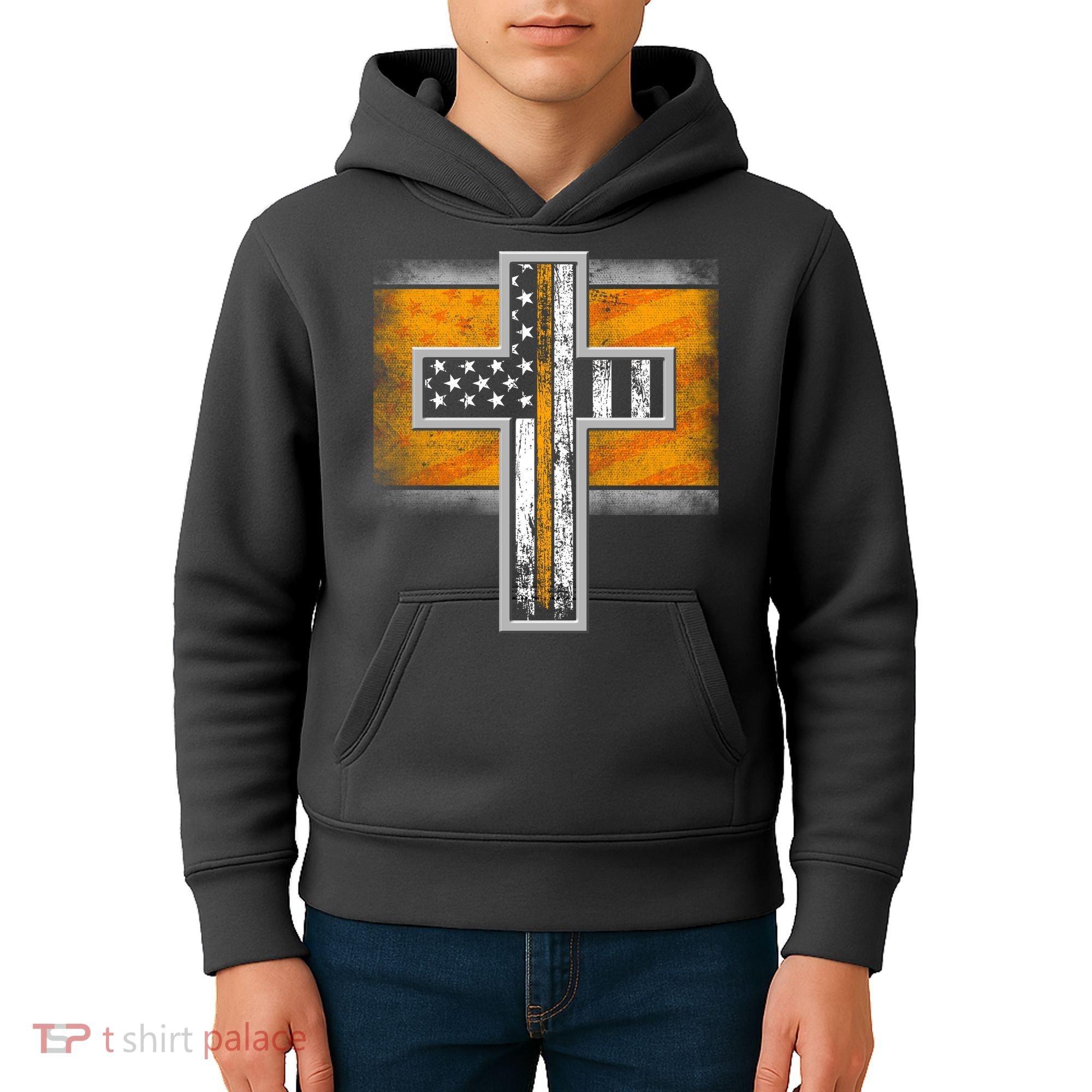 Thin Gold Line Cross Flag Support Front line Workers Kids Hoodie