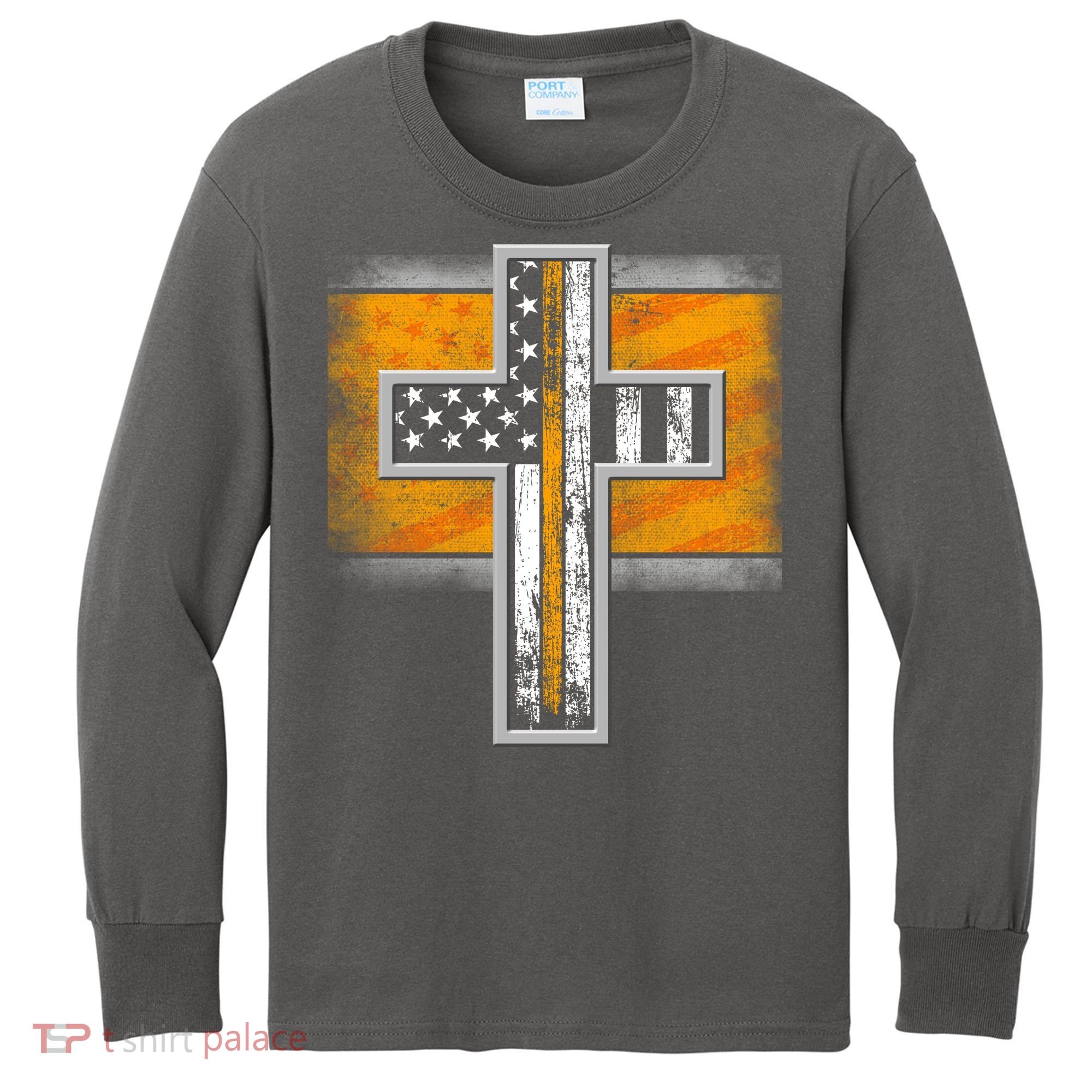 Thin Gold Line Cross Flag Support Front line Workers Kids Long Sleeve Shirt