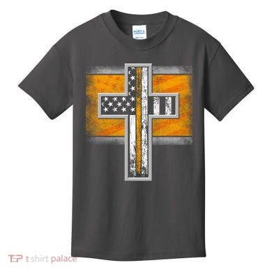 Thin Gold Line Cross Flag Support Front line Workers Kids T-Shirt
