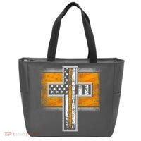 Thin Gold Line Cross Flag Support Front line Workers Tote Bag thumb 0